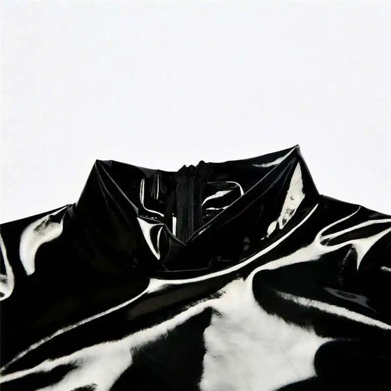 S-5XL Turtleneck Wet Look PVC Catsuit Shiny PU Leather Bodysuit Tights Sexy Cosplay Body Teddies Swimsuit Leotard Clubwear Tops