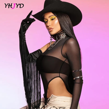 Sexy Black Single Sleeve Mesh See-Through Bodysuit Women Turtleneck Bodies High Leg Cut Out Hot Thong Women's Bodysuits