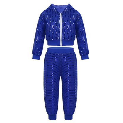 Girls Boys Hip Hop Jazz Performance Costume Street Dance Outfits Shiny Sequins Jacket Coat Hooded Tops Pants Unisex Kids Suits