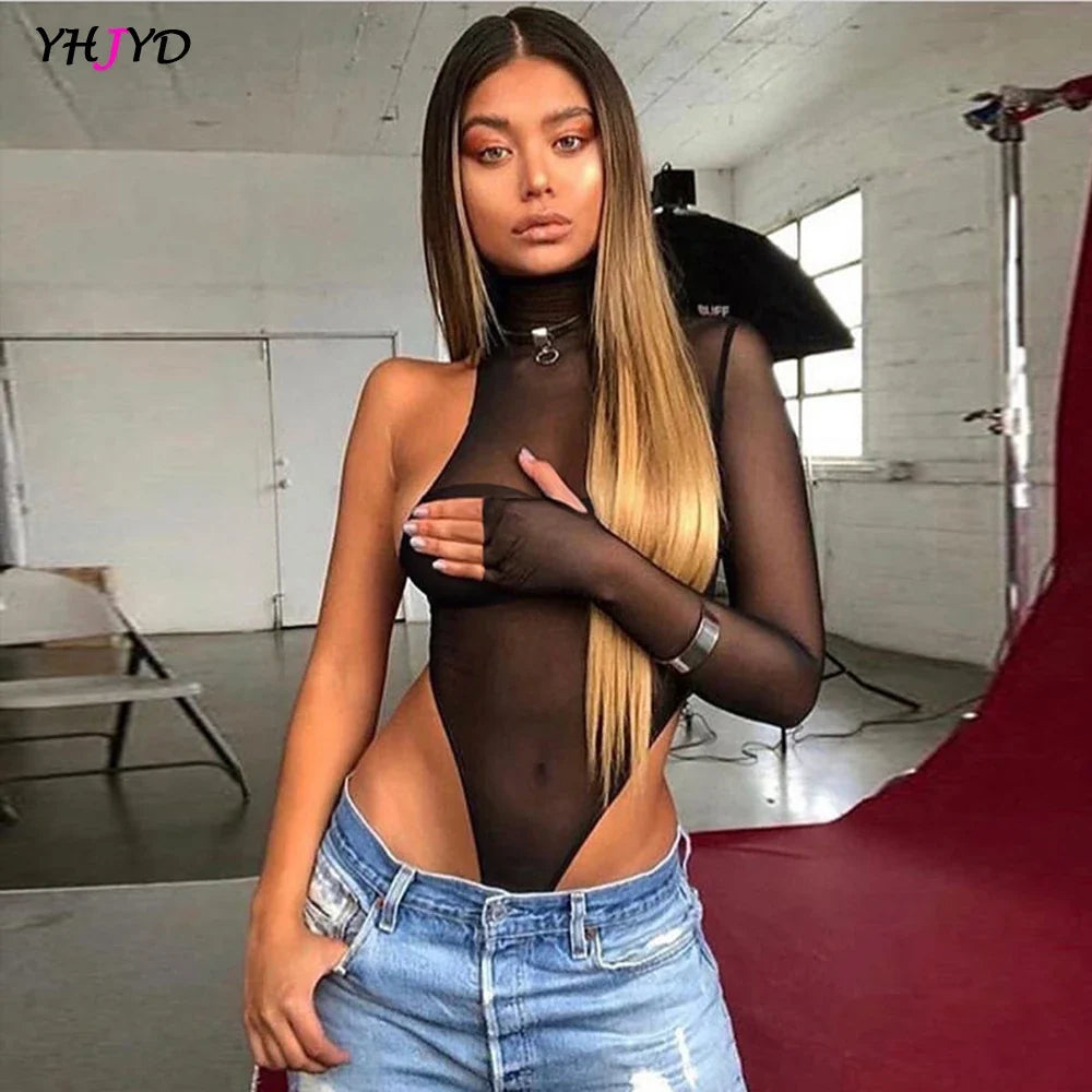 Sexy Black Single Sleeve Mesh See-Through Bodysuit Women Turtleneck Bodies High Leg Cut Out Hot Thong Women's Bodysuits
