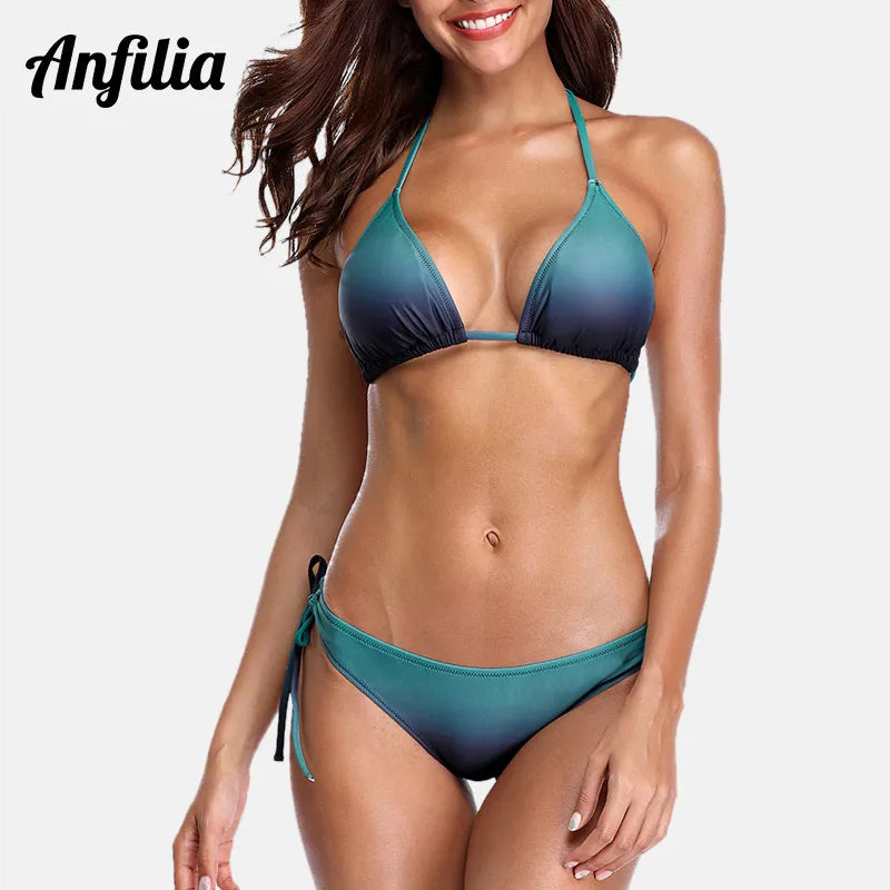 Anfilia Women's Bikini Set Gradient Swimwear Halter Swimsuit Side Bandage Bathing Suit Beachwear Sexy Bikini