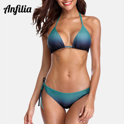 Anfilia Women's Bikini Set Gradient Swimwear Halter Swimsuit Side Bandage Bathing Suit Beachwear Sexy Bikini