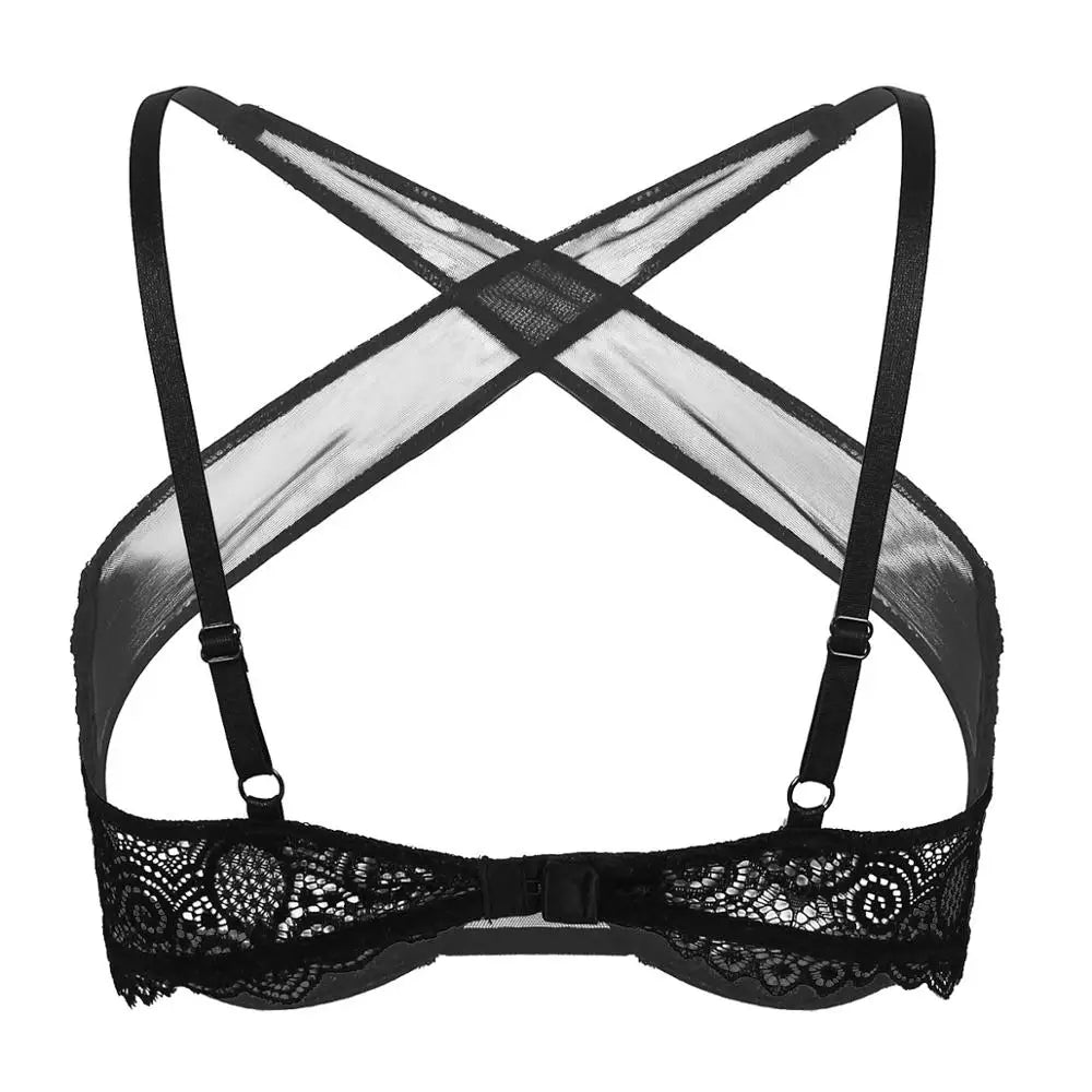 Womens See Through Sheer Mesh Lingerie Spaghetti Straps Crisscross Lace Trim Hollow Out Breast Uncderwired Cups Bra Top Braltte