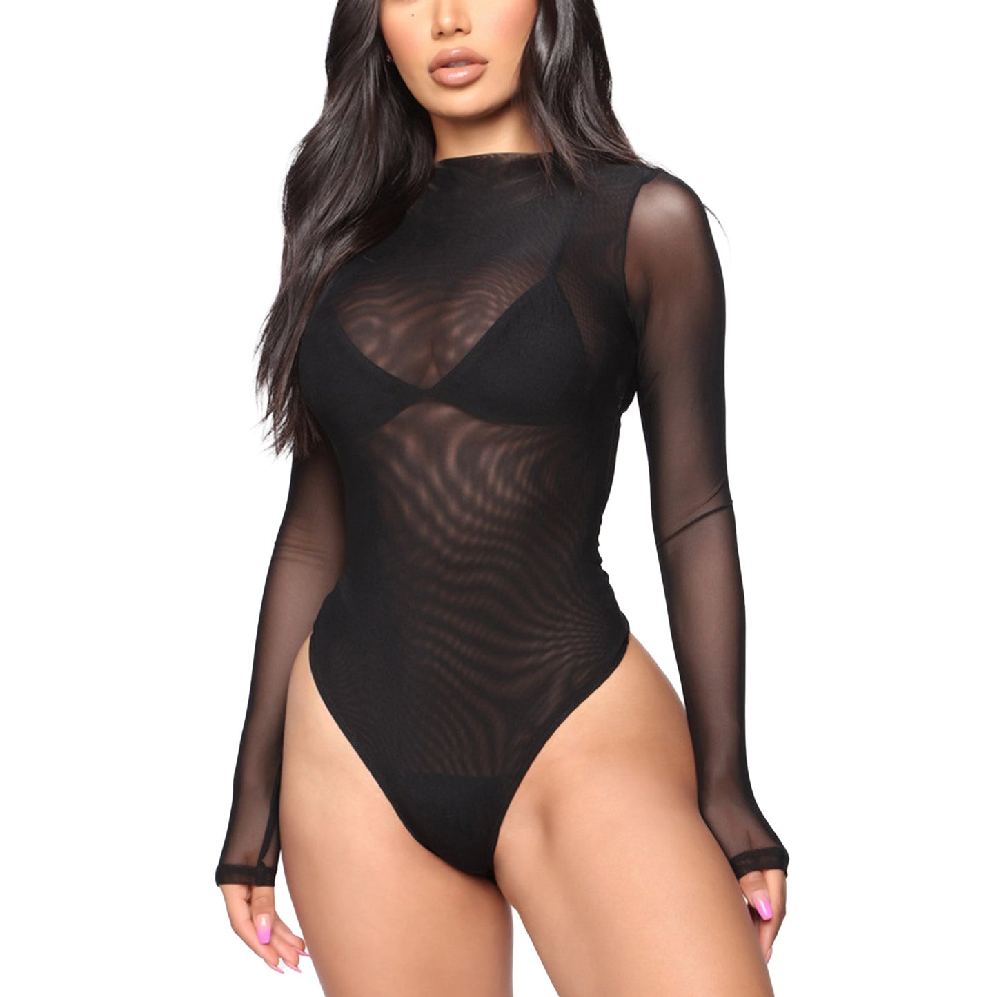 Womens Girls Fashion See-through Long Sleeve Bodysuit Lingerie Nightwear Crew Neck High Cut Leotard for Dating Nightclub Teddies