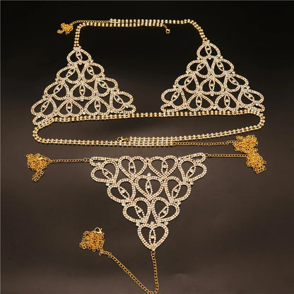 Wholesale Sexy Rhinestone Chain Body Lingerie Set Heart Body Jewelry for Women Fashion Bikini Underwear Bling Crystal Bra Thong