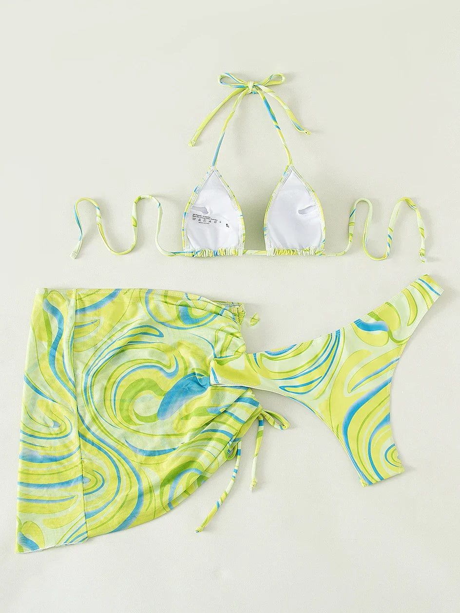 Sexy Bikini 2023 Woman Swimwear Female 3 Pack Allover Print Halter Swimsuit Women`s Cover Up Bikinis Set 3 Pieces Bathing Suit