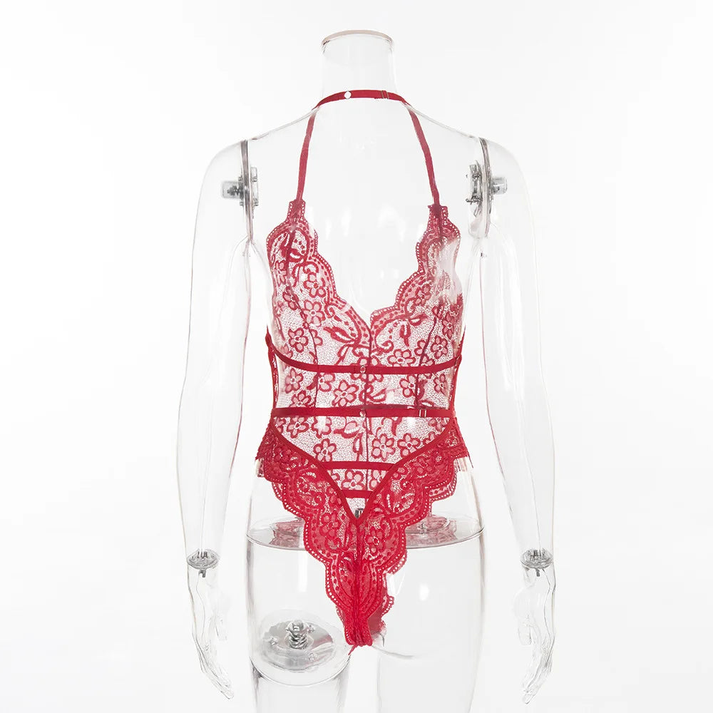 Women Sexy Underwear Set Lace Fishnet Bodysuit Lingerie Floral Perspective Sleepwear Transparent Lingerie Set One-Piece Bra Sets