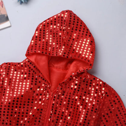 Girls Boys Hip Hop Jazz Performance Costume Street Dance Outfits Shiny Sequins Jacket Coat Hooded Tops Pants Unisex Kids Suits