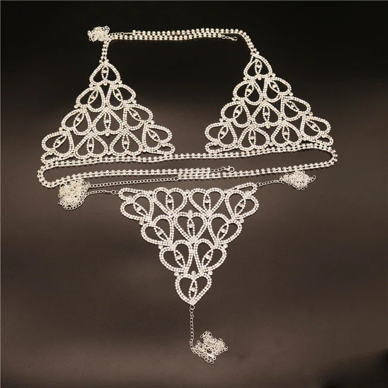 Wholesale Sexy Rhinestone Chain Body Lingerie Set Heart Body Jewelry for Women Fashion Bikini Underwear Bling Crystal Bra Thong