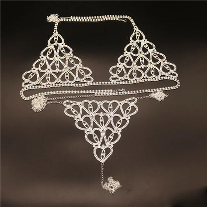 Wholesale Sexy Rhinestone Chain Body Lingerie Set Heart Body Jewelry for Women Fashion Bikini Underwear Bling Crystal Bra Thong