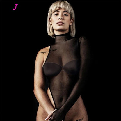 Sexy Black Single Sleeve Mesh See-Through Bodysuit Women Turtleneck Bodies High Leg Cut Out Hot Thong Women's Bodysuits