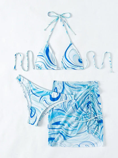 Sexy Bikini 2023 Woman Swimwear Female 3 Pack Allover Print Halter Swimsuit Women`s Cover Up Bikinis Set 3 Pieces Bathing Suit