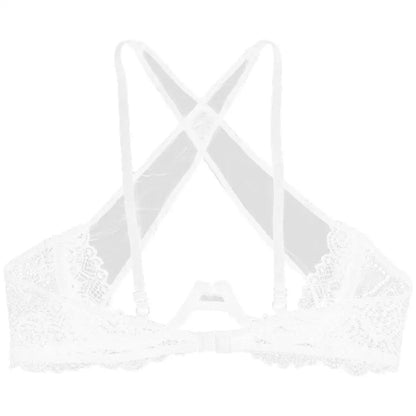Womens See Through Sheer Mesh Lingerie Spaghetti Straps Crisscross Lace Trim Hollow Out Breast Uncderwired Cups Bra Top Braltte