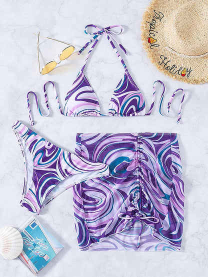 Sexy Bikini 2023 Woman Swimwear Female 3 Pack Allover Print Halter Swimsuit Women`s Cover Up Bikinis Set 3 Pieces Bathing Suit