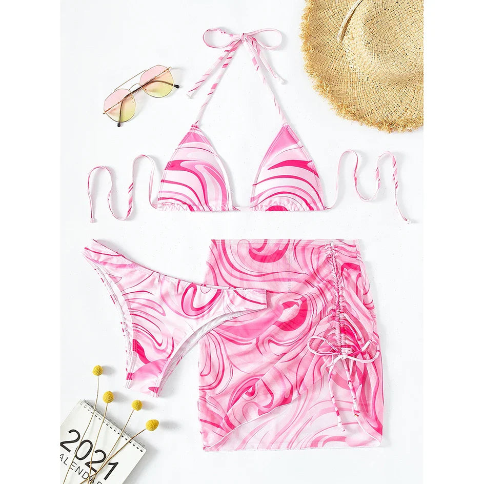 Sexy Bikini 2023 Woman Swimwear Female 3 Pack Allover Print Halter Swimsuit Women`s Cover Up Bikinis Set 3 Pieces Bathing Suit