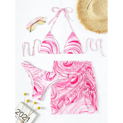 Sexy Bikini 2023 Woman Swimwear Female 3 Pack Allover Print Halter Swimsuit Women`s Cover Up Bikinis Set 3 Pieces Bathing Suit