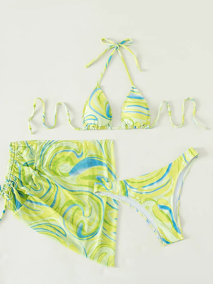Sexy Bikini 2023 Woman Swimwear Female 3 Pack Allover Print Halter Swimsuit Women`s Cover Up Bikinis Set 3 Pieces Bathing Suit