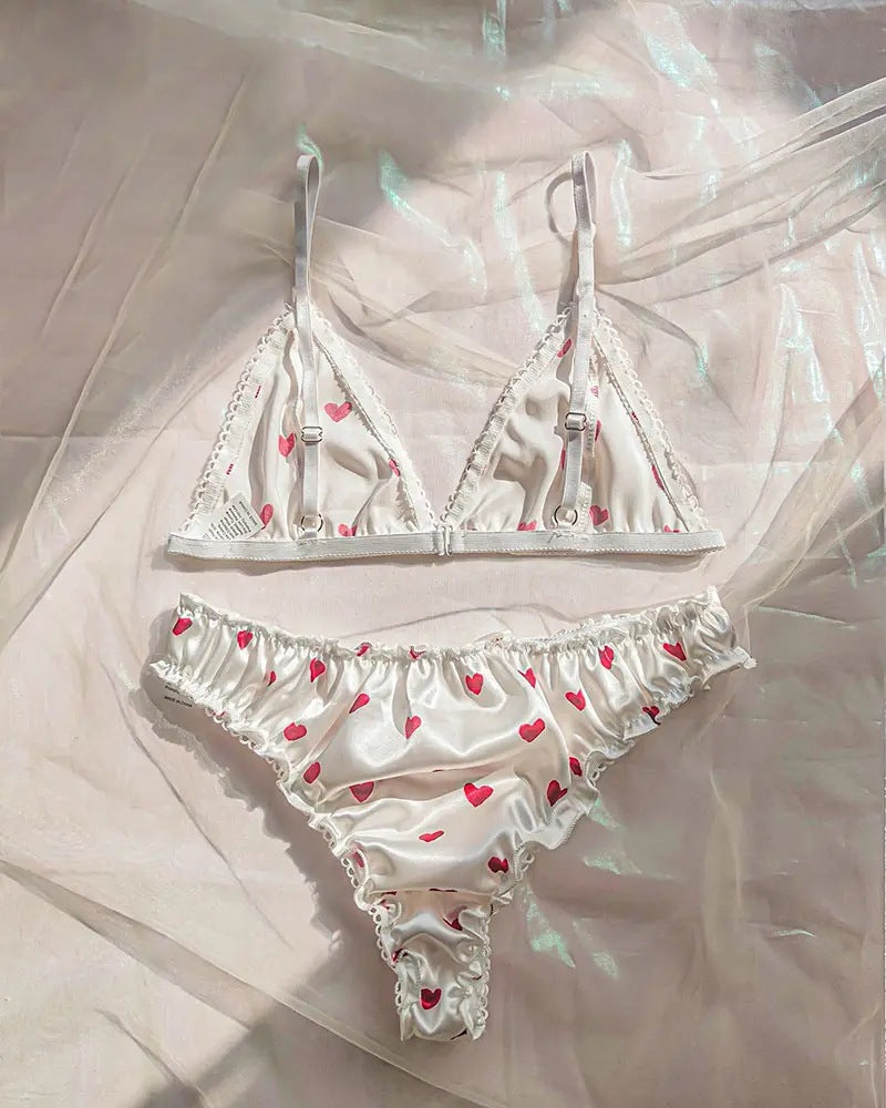 Sexy Women's Lingerie Heart Printed Lingerie Sets Satin Silk Bra Panties Pajamas Set Soft Sleepwear Erotic Babydolls Costumes