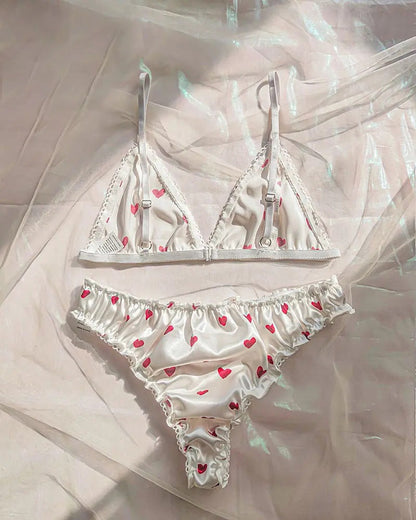 Sexy Women's Lingerie Heart Printed Lingerie Sets Satin Silk Bra Panties Pajamas Set Soft Sleepwear Erotic Babydolls Costumes