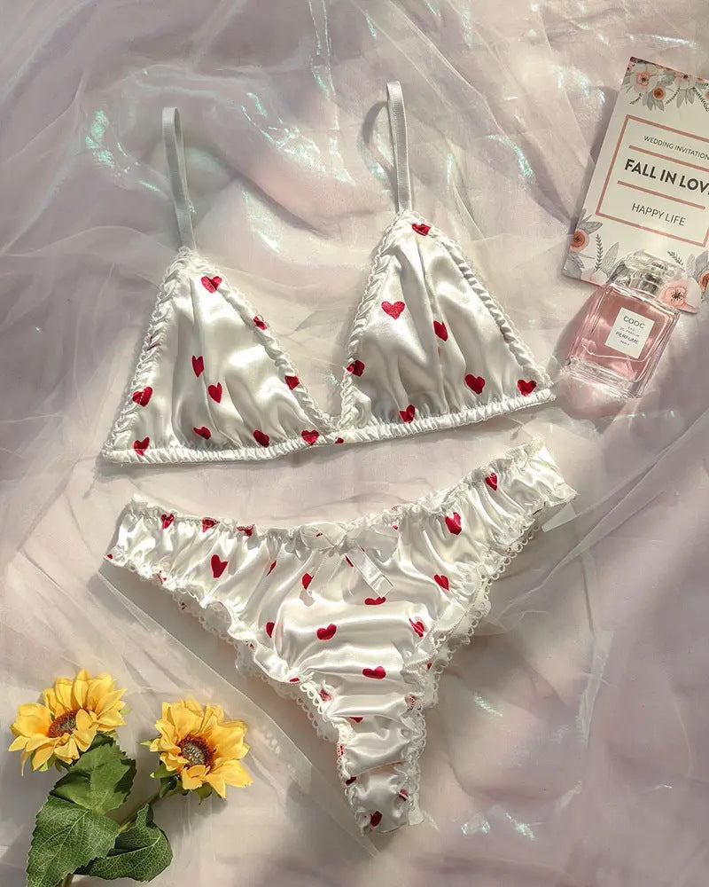 Sexy Women's Lingerie Heart Printed Lingerie Sets Satin Silk Bra Panties Pajamas Set Soft Sleepwear Erotic Babydolls Costumes
