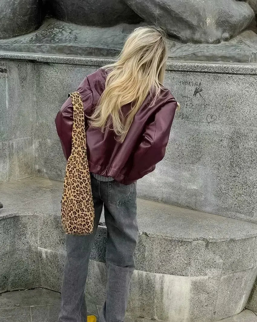 HH Wine Red Faux Leather Jakcet Fashion Outerwear Thicken Zipper Lapel Pu Coats Autumn Winter Streetwear Ladies Tops Women