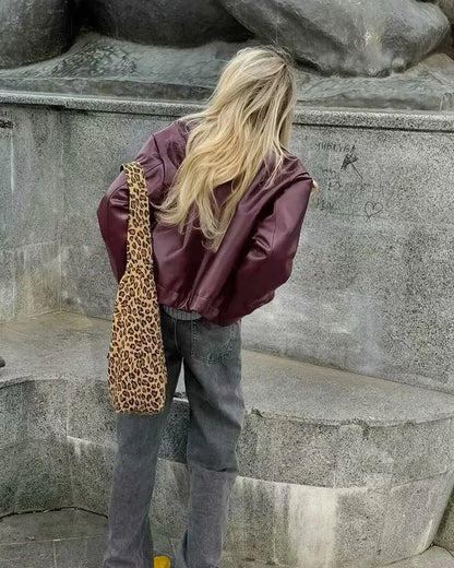 HH Wine Red Faux Leather Jakcet Fashion Outerwear Thicken Zipper Lapel Pu Coats Autumn Winter Streetwear Ladies Tops Women