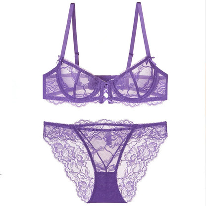 Logirlve Ultra-Thin Hollowed-Out Lace Bra Set for Women Push up Breast Brassiere Sexy Embroidery Underwear Lingerie Ladies