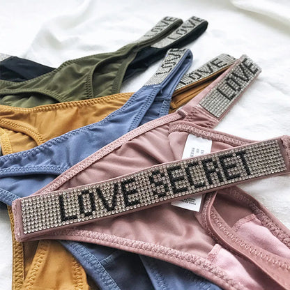 Sexy Triangle Fitness Sports With Letter Low Rise Briefs Sexy T-Back G-string Women Panties Rhinestone Thong