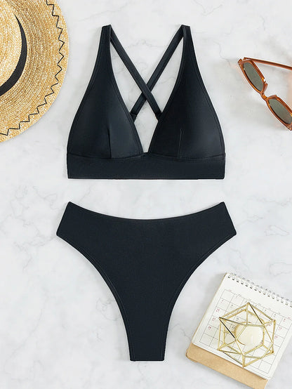 Vigoashely 2025 Solid V Neck Push Up Bikini Set High Cut Straps Corss Swimsuit For Women Swimwear 2 Piece Backless Bathing Suit
