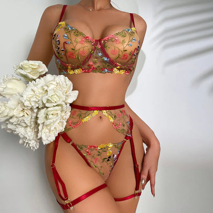 Sexy Women's Lace Lingerie 3Pcs Sets Fancy Flowers Embroidery Transparent Bras And Thongs Underwear Set Erotic Intimate Suits ﻿