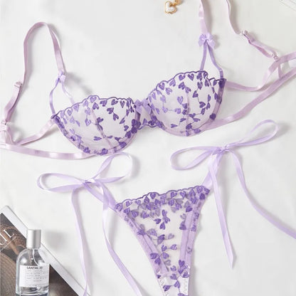 Exotic Fantasy Lingerie Underwire Bra Strap Panties 2Piece Sheer Mesh Embroidery Underwear for Women
