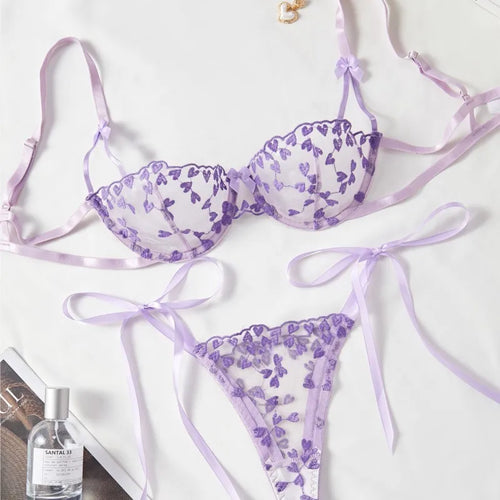 Exotic Fantasy Lingerie Underwire Bra Strap Panties 2Piece Sheer Mesh Embroidery Underwear for Women