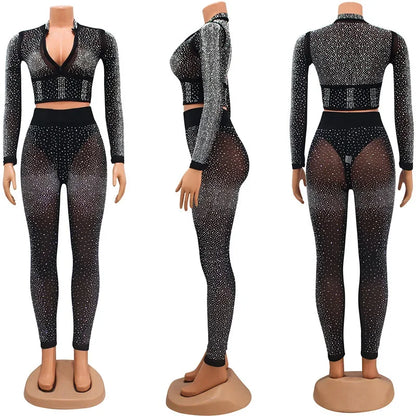 Doyerl Glitter Rhinestones Sexy Club Outfits Woman 2 Piece Set Mesh See Through Long Sleeve Cropped Top and Pants Suit Birthday