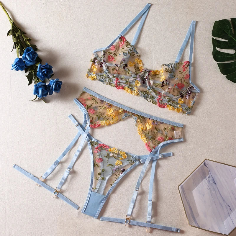 Sexy Women's Lace Lingerie 3Pcs Sets Fancy Flowers Embroidery Transparent Bras And Thongs Underwear Set Erotic Intimate Suits ﻿