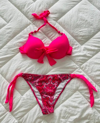 2024 New Print 2-piece Swimsuit for Women,hard Cup Suspender Push Up Bikini Set,summer Beach Vacation Backless Bathing Suit