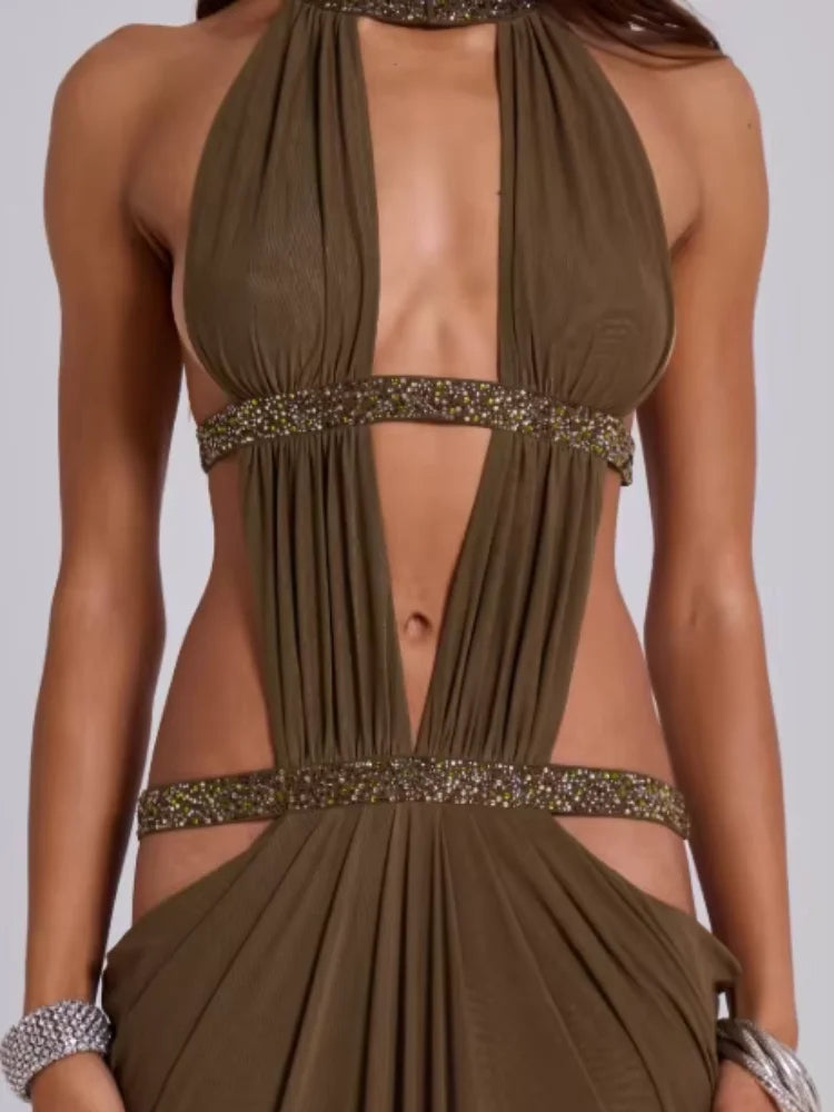 Women Sexy Hollow Out Sequin Halter Maxi Dresses Fashion Pleated Backless Sleeveless Slim Dress Chic New Lady Evening Party Gown