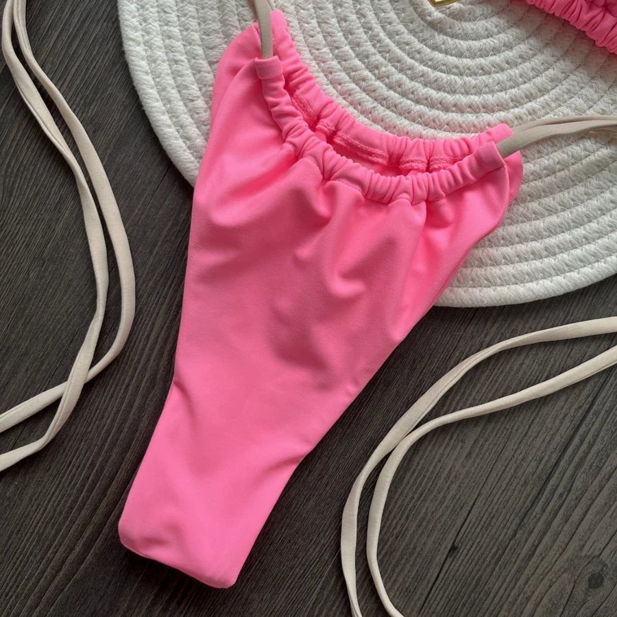 Para Praia 6 Colors Solid Brazilian Bikini Micro Swimwear T-back Swimsuit Women Sexy Biquini 2025 Thong Bikini Set Bathing Suit