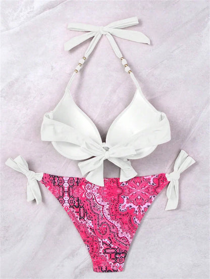 Summer Bikini New Underwired Bra Push Up Swimsuit Women Chest Knot Bow Bathing Suit Outfits Ties Swimwear Women Swimming Suit XL