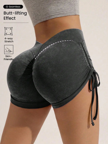Matte craft summer three part pants yoga pants women's drawstring sports shorts European and American peach hip lifting fitness
