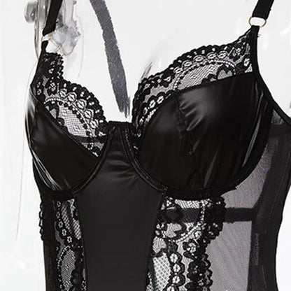 Leather Mesh Patchwork Bodysuit Women Jumpsuit Sexy V Neck Teddy Babydoll Suspender Bodysuit Sexy Underwear Lingerie Catsuits