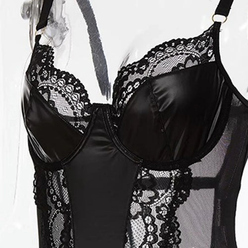 Leather Mesh Patchwork Bodysuit Women Jumpsuit Sexy V Neck Teddy Babydoll Suspender Bodysuit Sexy Underwear Lingerie Catsuits