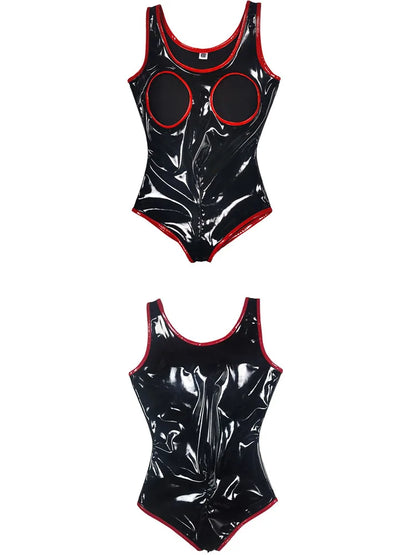 S-5XL Sleeveless Wet Look PVC Catsuit Shiny PU Leather Zipper Open Crotch Bodysuit Hollow Out Swimsuit Tights Sexy Body Teddies