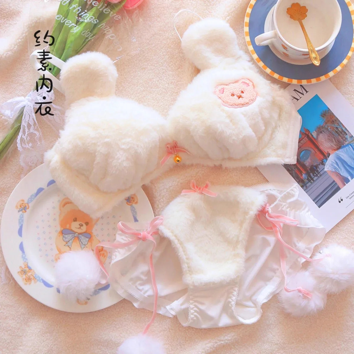 Cute Bear Underwear Winter Plush Cartoon Comfortable Bra & Brief Sets Women's Intimates Thermal Bra Gathers Sleepwear Lingerie
