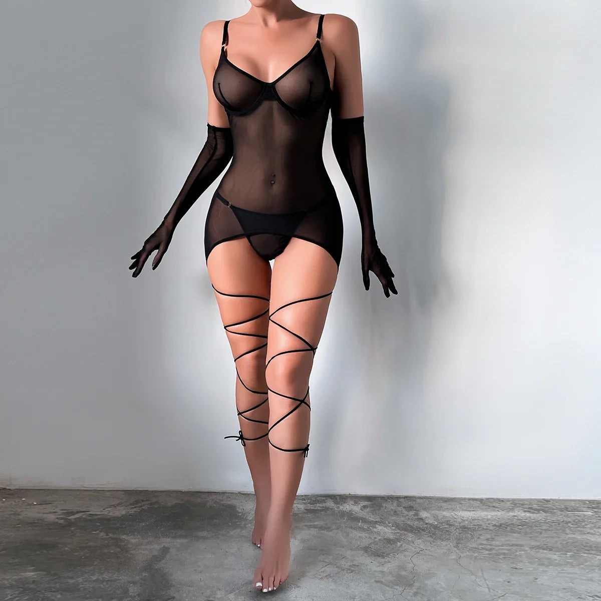 Yimunancy Sheer Mesh Lingerie Set Women 4-Piece Backless Sexy Dress Sexy Erotic Solid Brief Underwer Set Nightwear