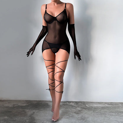 Yimunancy Sheer Mesh Lingerie Set Women 4-Piece Backless Sexy Dress Sexy Erotic Solid Brief Underwer Set Nightwear
