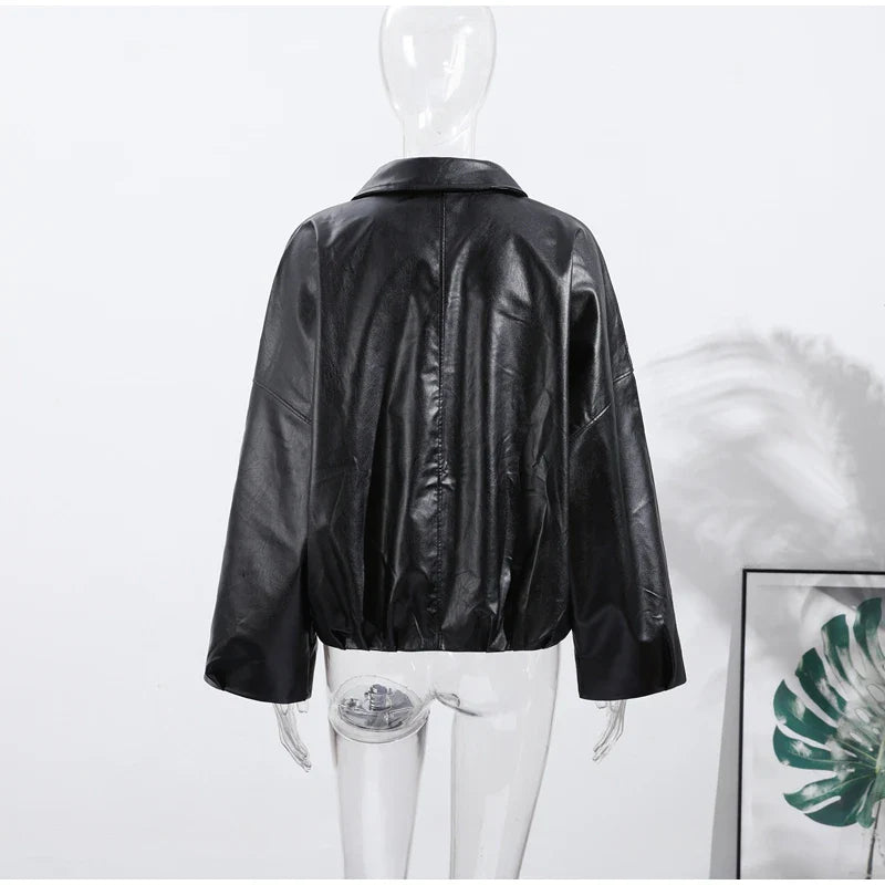 Street Stand Collar Women's Leather Jacket Loose Long Sleeve Zipper Pockets Chic Female Coats 2025 Autumn Winter Lady Outerwear