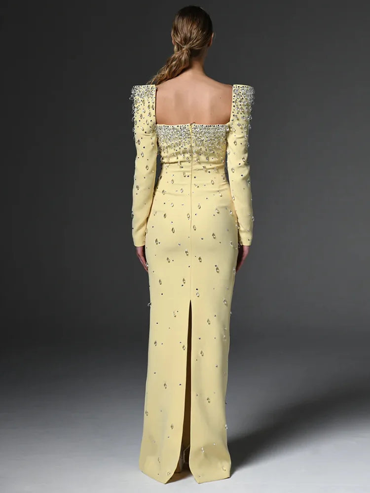 HIGH QUALITY Newest Fashion 2025 Designer Vestido Women's Square Collar Beading Diamonds Long Sleeve Maxi Dress