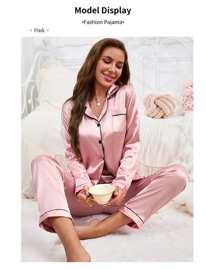Women's Pajama Set Silk Sleepwear Suit Loungewear Pj Set Satin Long Sleeve Tops With Pants 2 Pieces Pjs Pajamas for Women Pyjama