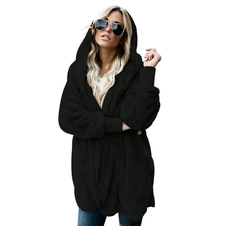 Autumn Winter Double Fleece Cardigan Jacket Women Solid Color Long Sleeve Plush Warm Hooded Lady Jacket Oversized Outerwear Coat