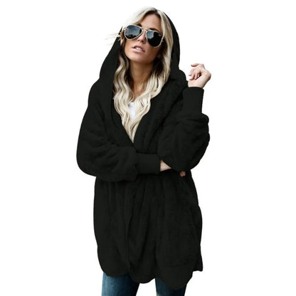 Autumn Winter Double Fleece Cardigan Jacket Women Solid Color Long Sleeve Plush Warm Hooded Lady Jacket Oversized Outerwear Coat